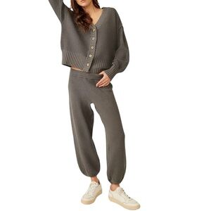 Free People Beach Hailee Cardi Set XS Charcoal Waffle Stitch